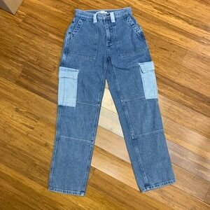 Pacsun Denim Cargo Pants Women Size 23 Two Tone Pockets High Waist Jeans Utility